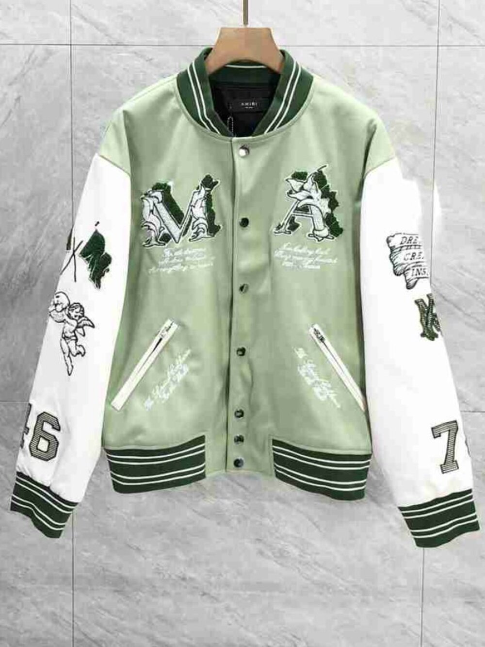 Amiri Light Green Angel Cherub Multi Patch Varsity Jacket White Leather Sleeve L